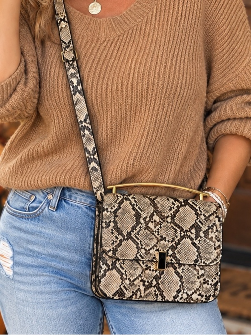 🔥 TOPSHOP Snakeskin Python Crossbody Bag Gold Handle | NWOT 🐍